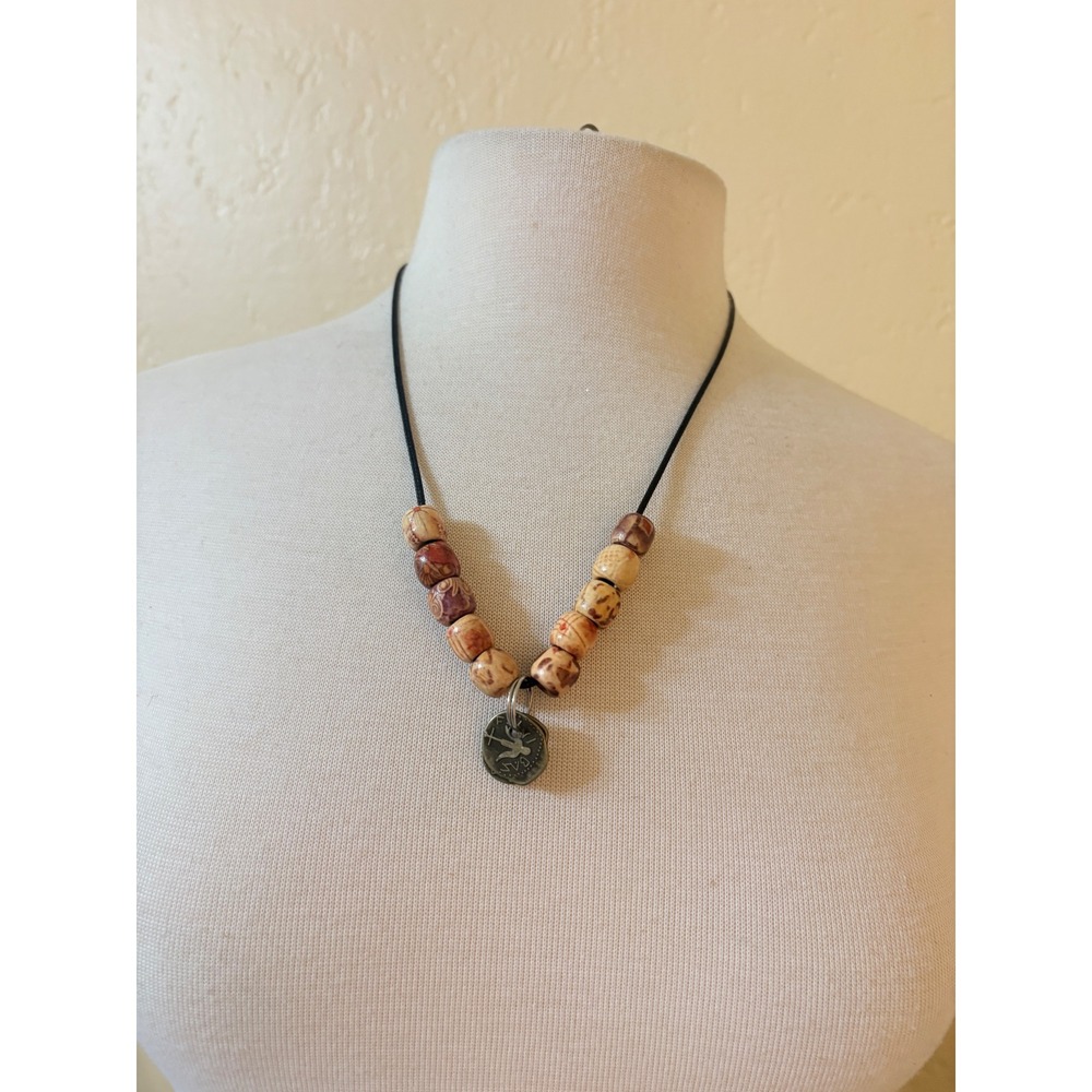 Handmade Boho Wooden‎ Bead Wax Seal Coin Pendant Cord Necklace Brown Black